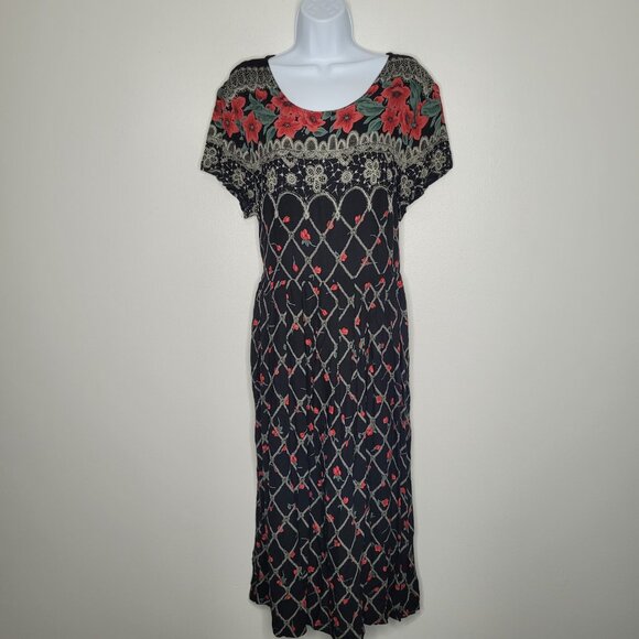 Vintage 90s black red retro floral tie back romantic midi witchy dress size 16 - Picture 1 of 5